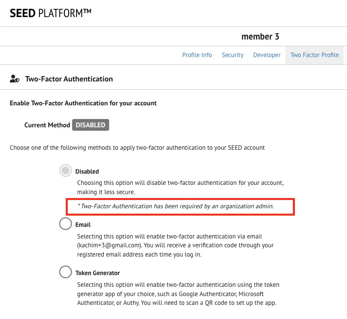 Message showing user that they must enable Two-Factor Authentication for this organization