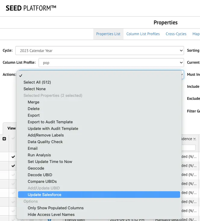 Update Salesforce Action for Multiple Properties in SEED