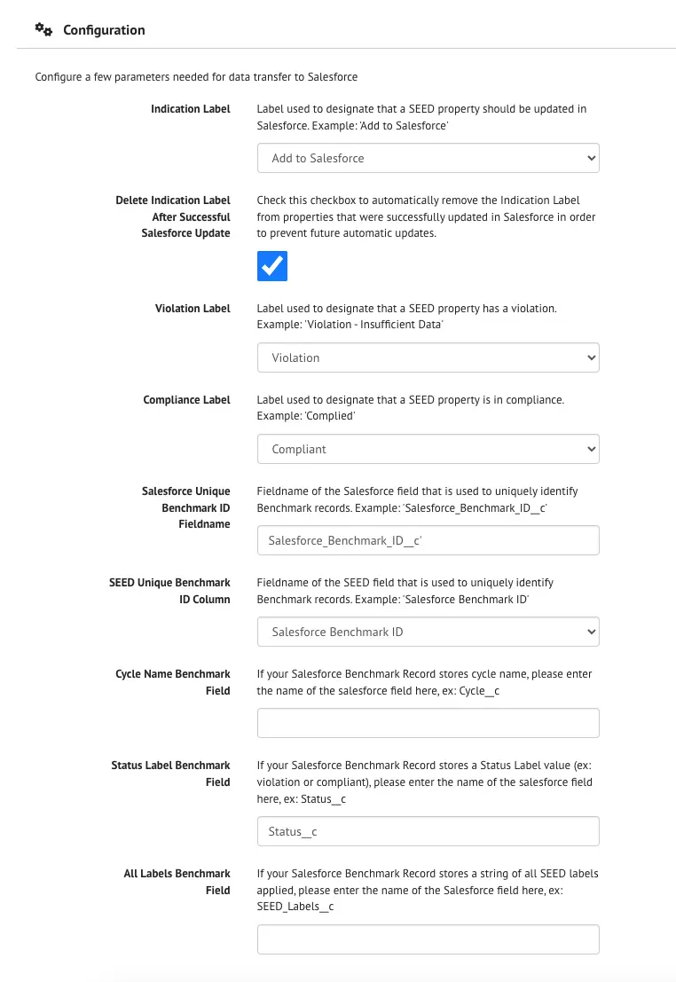 Salesforce Configuration Details section on the SEED Organization Settings Page