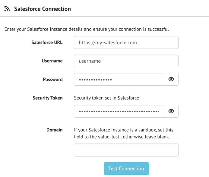 Salesforce Connection Details section on the SEED Organization Settings Page