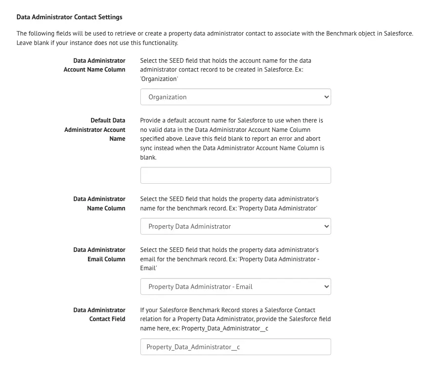 Data Administrator Contact section on the SEED Organization Settings Page