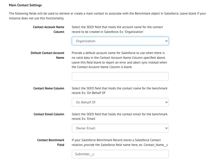 Main Contact section on the SEED Organization Settings Page