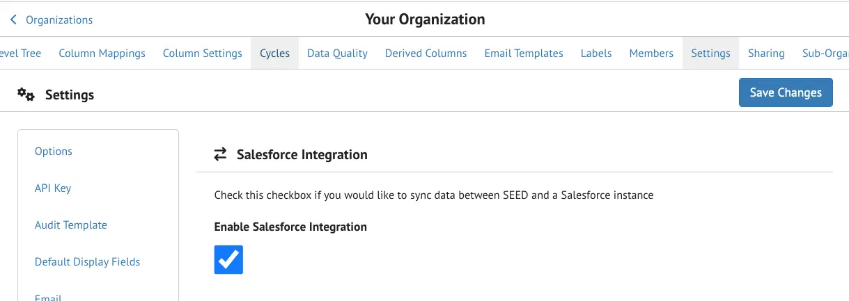 SEED Organization Settings Page showing the enable salesforce checkbox