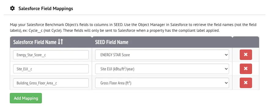 Salesforce Field Mappings section on the SEED Organization Settings Page